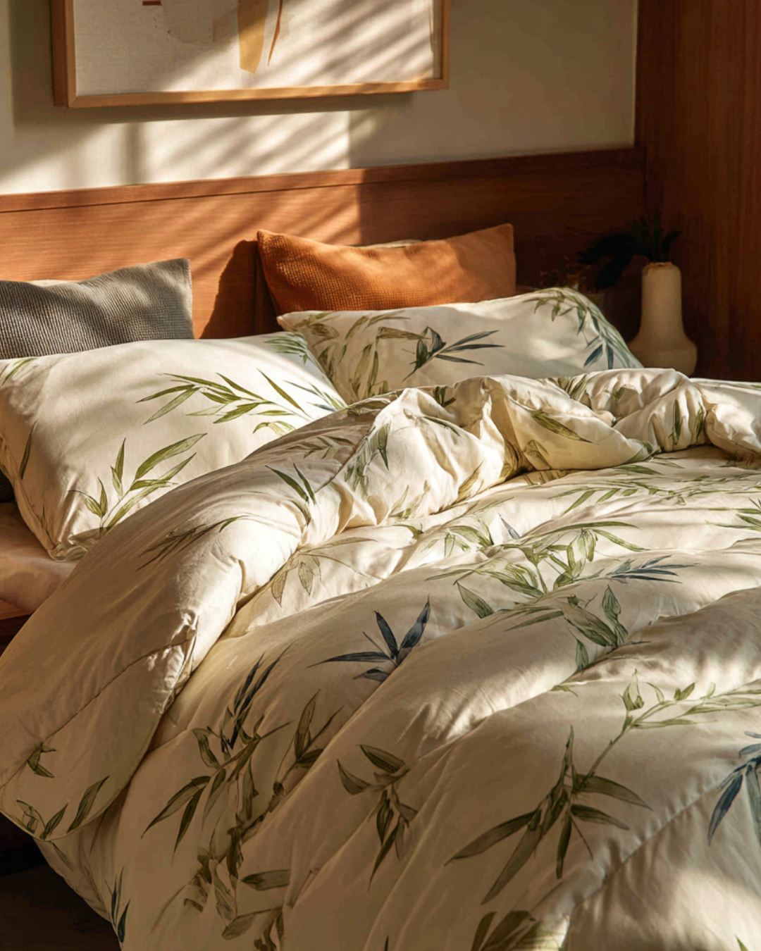 A neatly made bed with botanical-patterned bedding in neutral tones, positioned by a wooden headboard and accented with pillows and soft natural lighting.