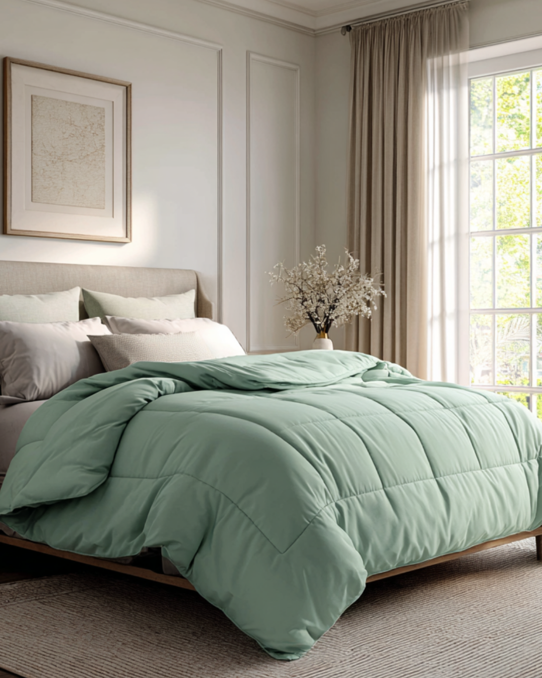 A neatly made bed with a light green comforter, pillows, and neutral decor in a bright bedroom with large windows and a vase of white flowers on a nightstand.