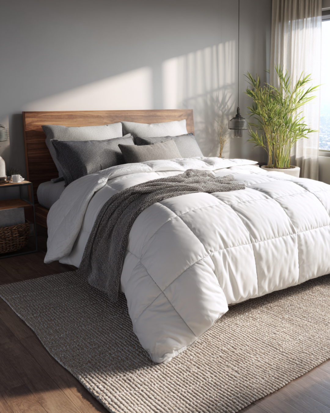 A neatly made bed with white comforter and gray pillows stands in a bright bedroom with wooden floors, a rug, a nightstand, and a potted plant by the window.