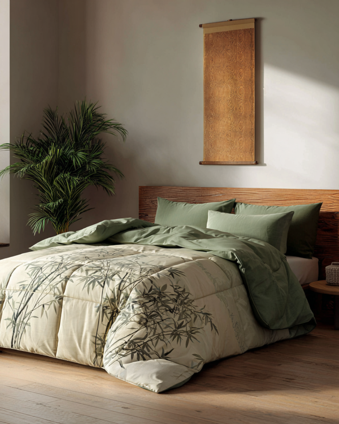 A neatly made bed with green pillows and a botanical-patterned comforter sits beside a potted plant, wooden headboard, and a framed wall hanging in a sunlit bedroom.